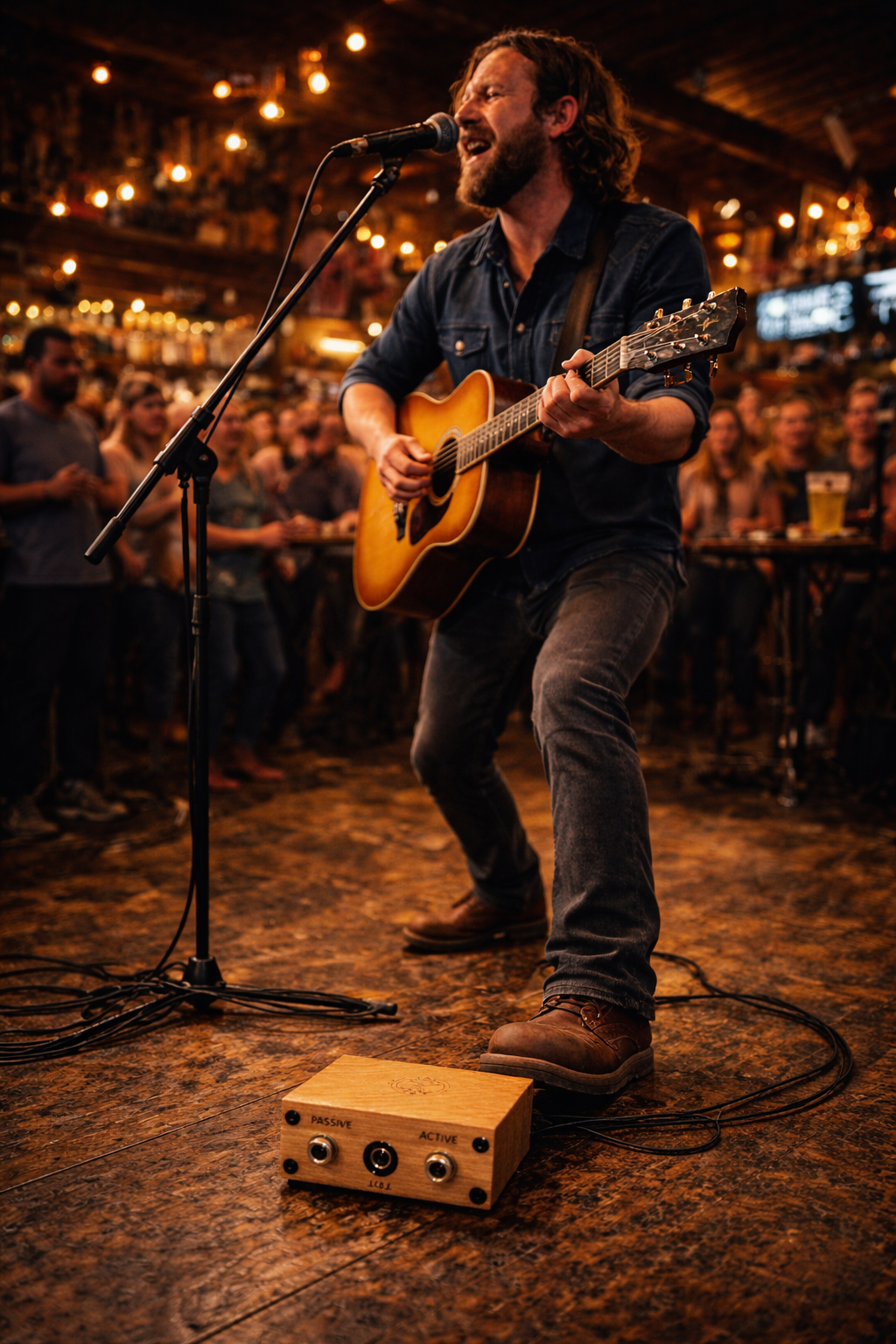 Enthusiastic bearded man dressed casually and joyfully playing an acoustic guitar, singing and stamping on a stomp box from Rhyth-Mic