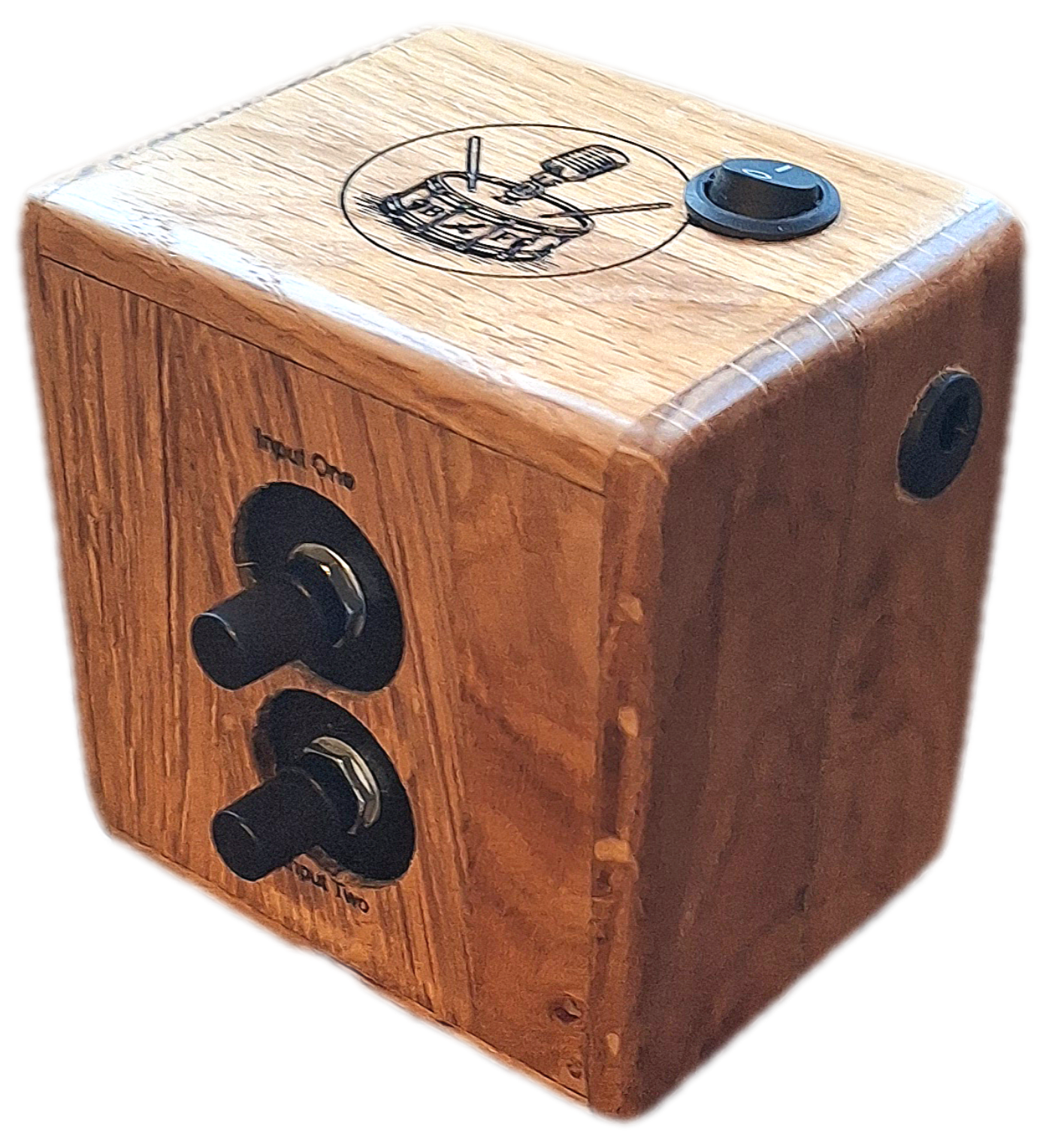 Active audio signal mixer preamp for guitar vs stompbox, cajon, drum, microphone, effects. Handmade oak.