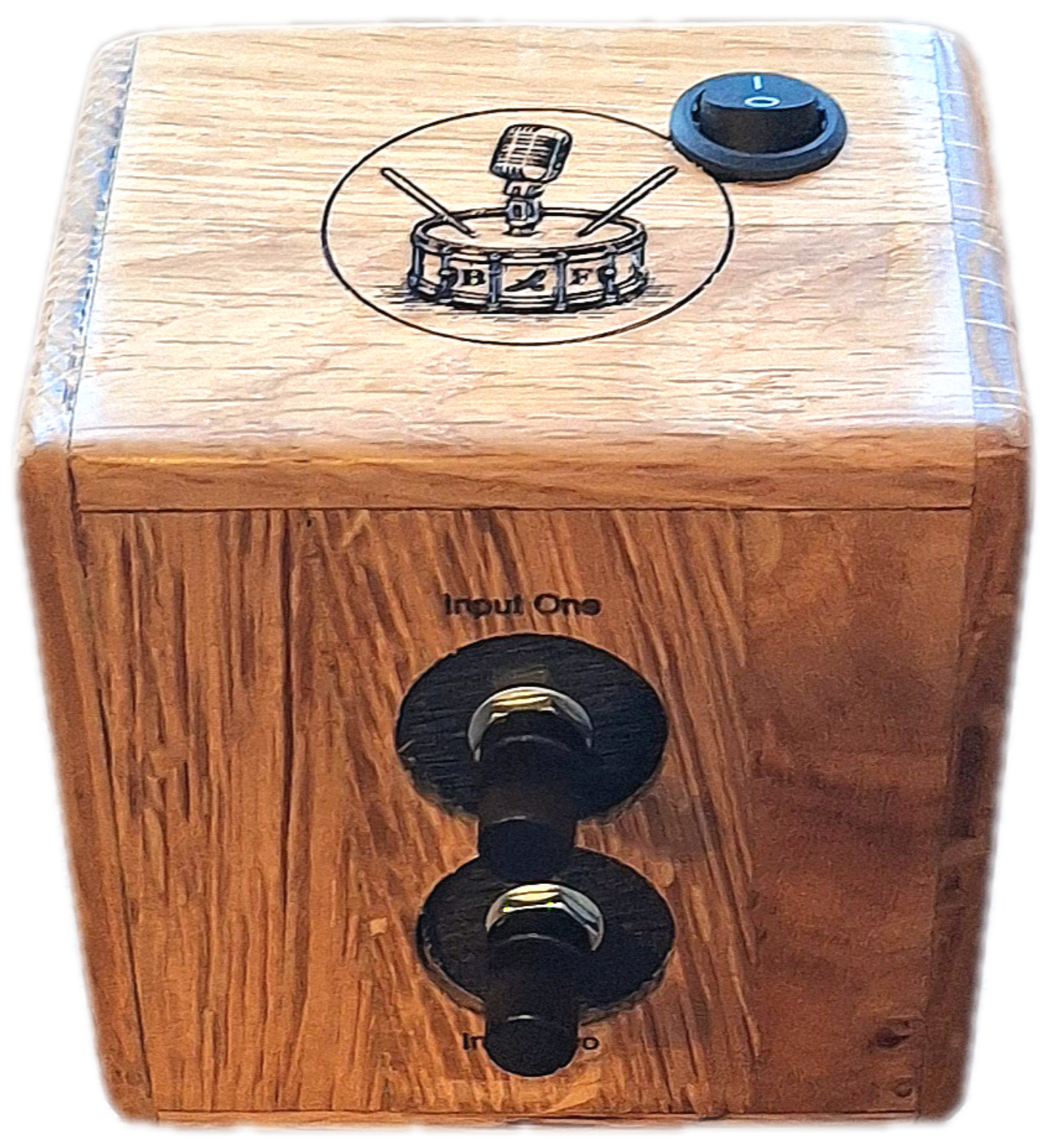 Active audio signal mixer preamp for guitar vs stompbox, cajon, drum, microphone, effects. Handmade oak.