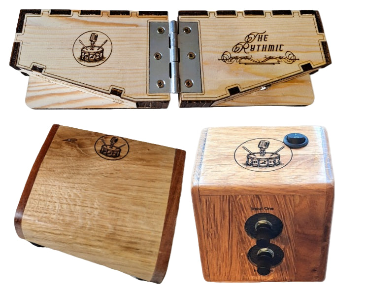 Stompbox, wearable cajon RhythMic and Rhythmix 2 channel mixer bundled on a white background