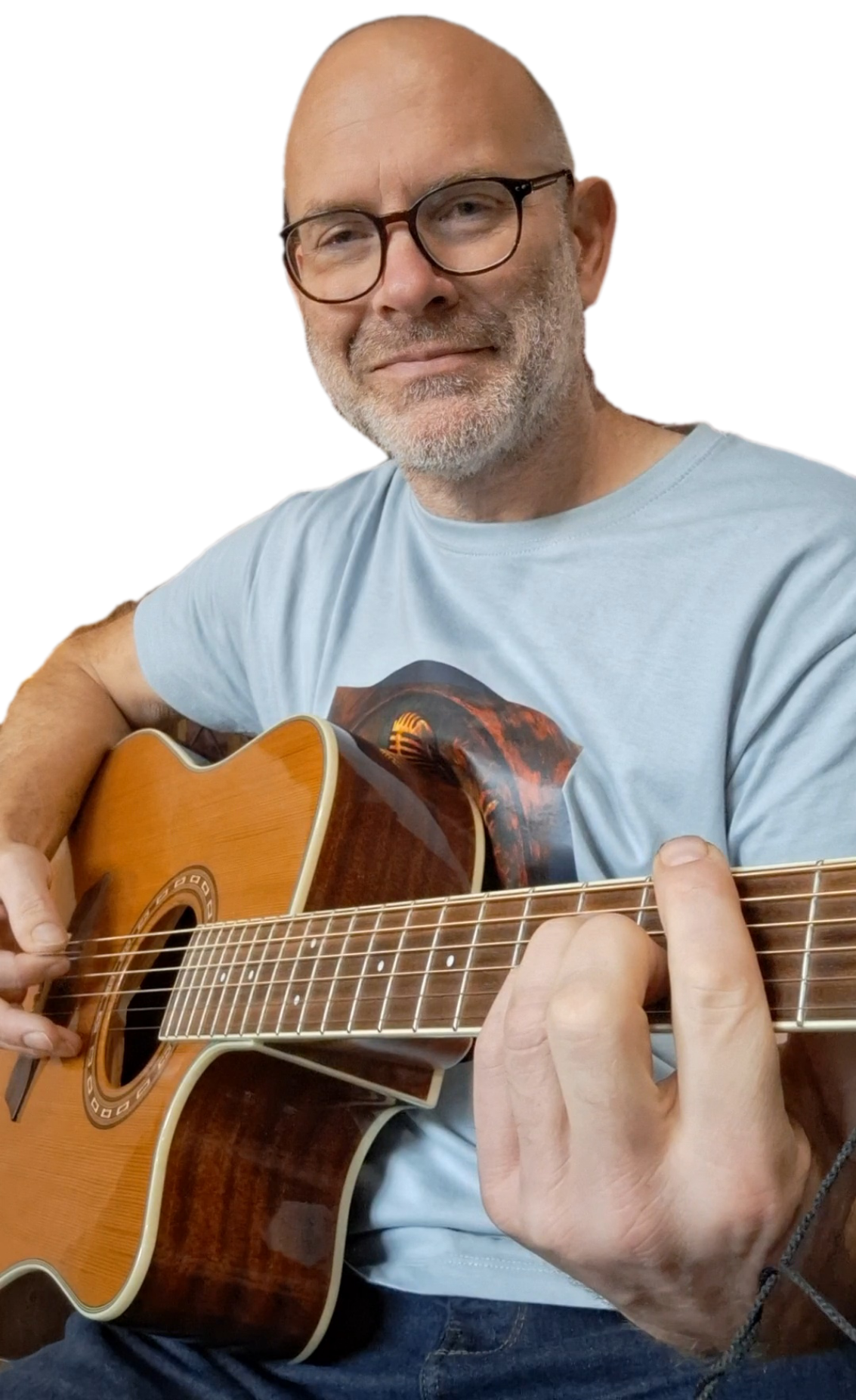 Darren, who is the creator of Rhyth-mic playing an acoustic guitar and welcoming visitors to www.rhyth-mic.uk