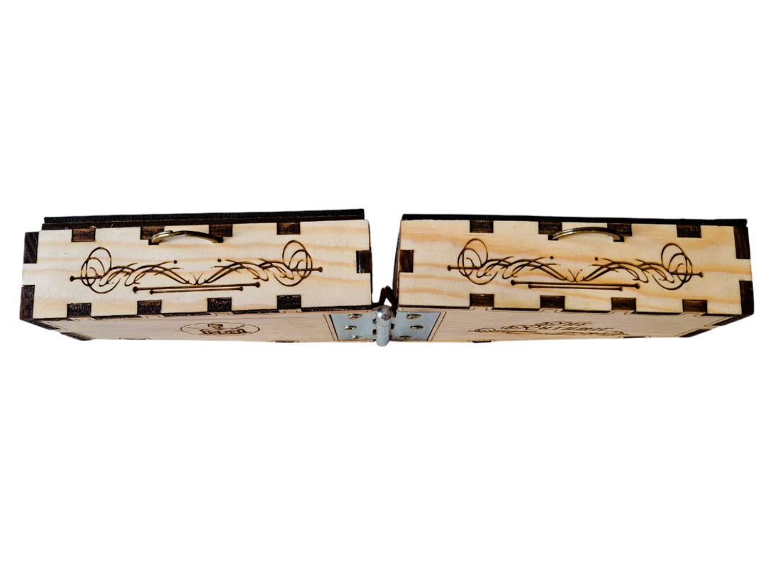 Opened top view of  'The Rhythmic' described as two laser-cut and etched pine boxes, each with a contoured bottom edge. this view shows  steam punk inspired scroll graphics and brass D-rings. On a transparent background.