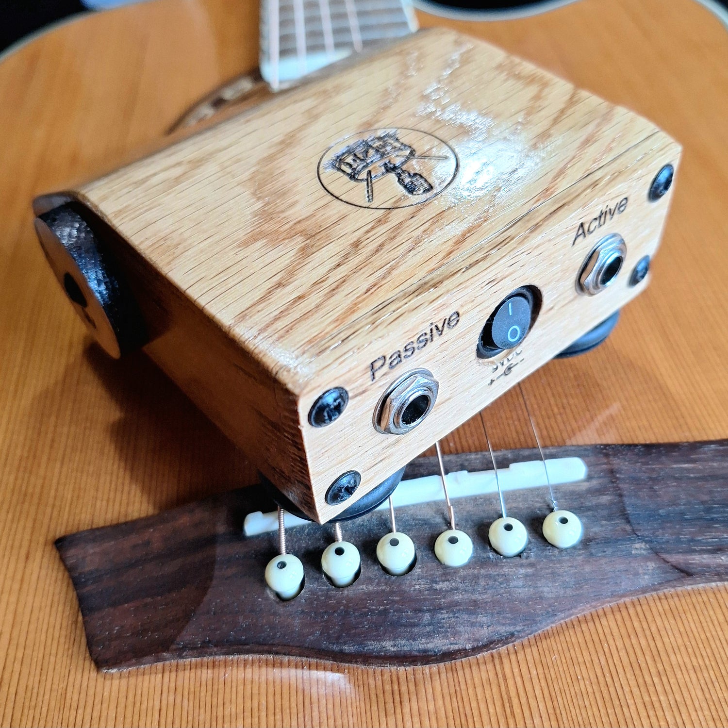 P1 stomp box in oblique rear view, place attractively on an acoustic guitar body