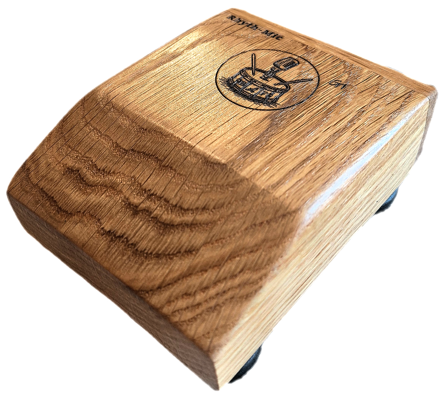 Another view of the Rhyth-Mic G1 posed front oblique view showing off attractive oak construction, wedge shape and laser etched graphics and branding.