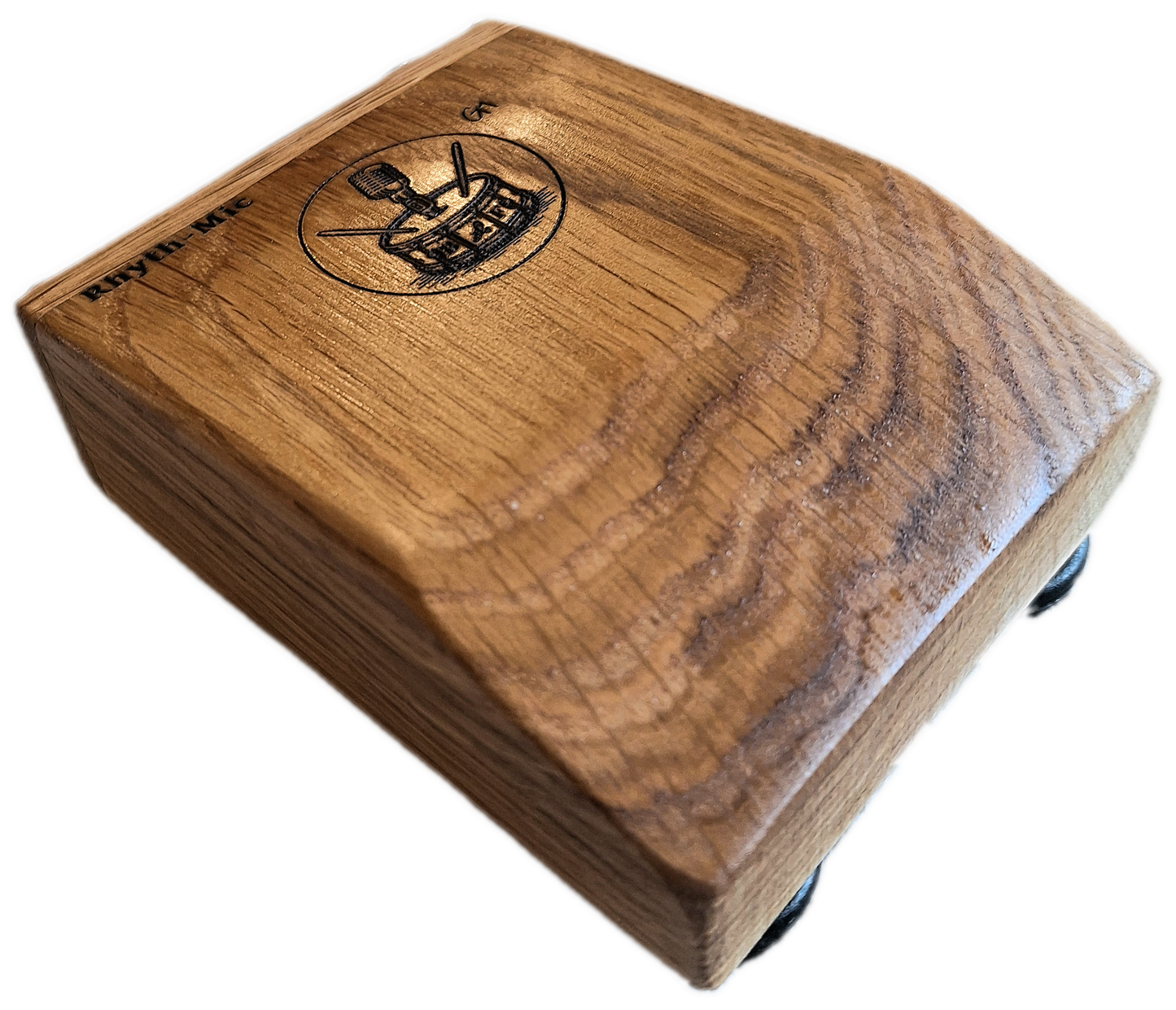 Rhyth-Mic G1 posed front oblique view showing off attractive oak construction, wedge shape and laser etched graphics and branding.