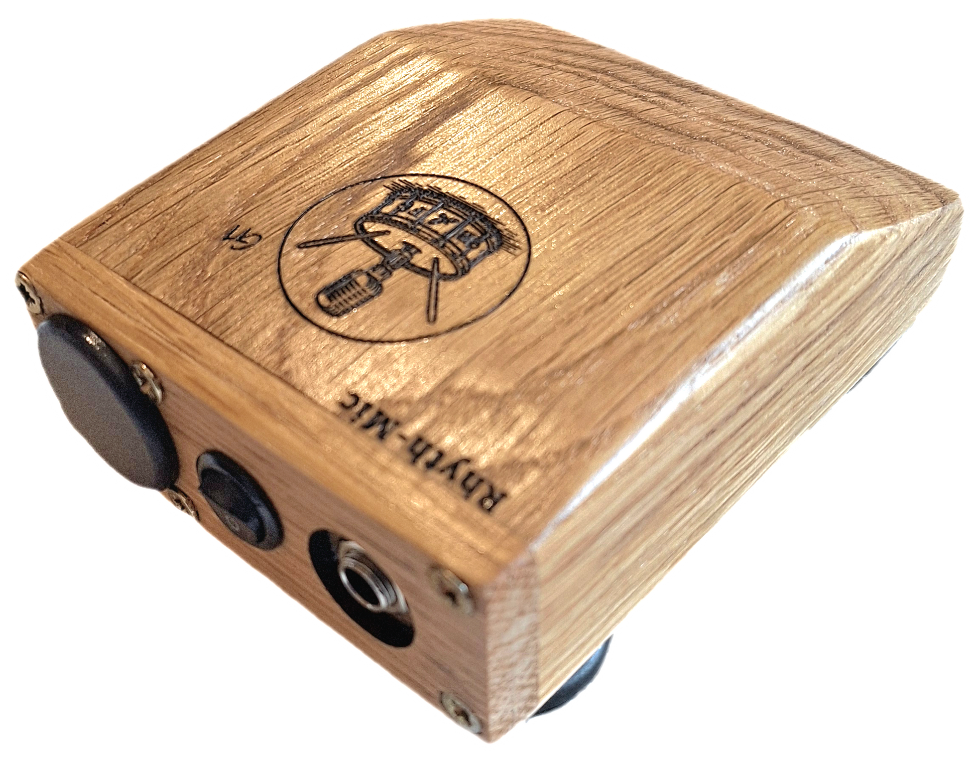 Another view of the Rhyth-Mic G1 posed rear oblique view showing off attractive oak construction, wedge shape and laser etched graphics and branding., on/off switch, battery cover and 6.3mm output jack