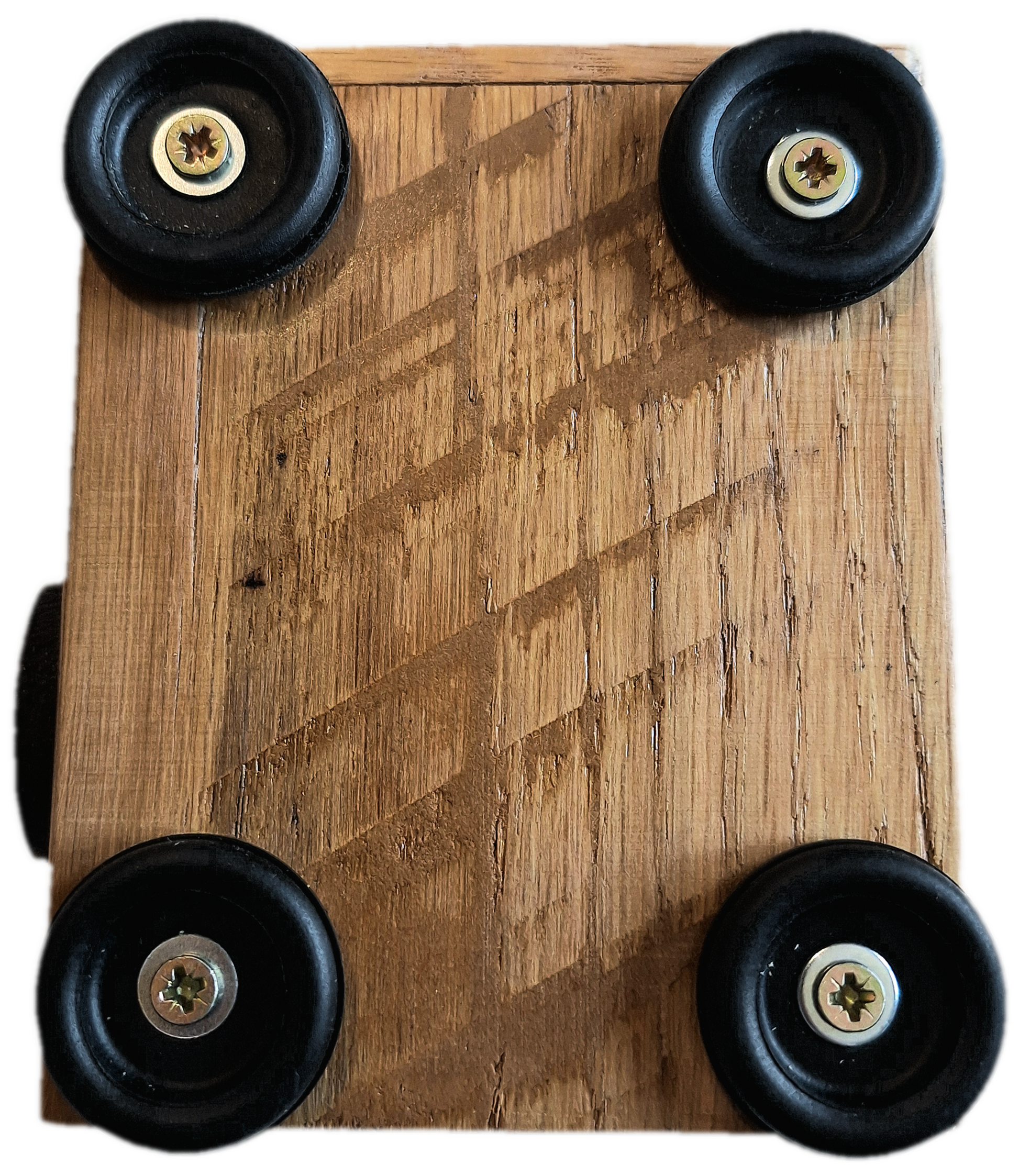 Underside view of the Rhyth-mic P1 play-through stompbox in solid oak wood showing 4 chunky rubber feet secured in place with metal screws. The oak appears to be reclaimed wood.