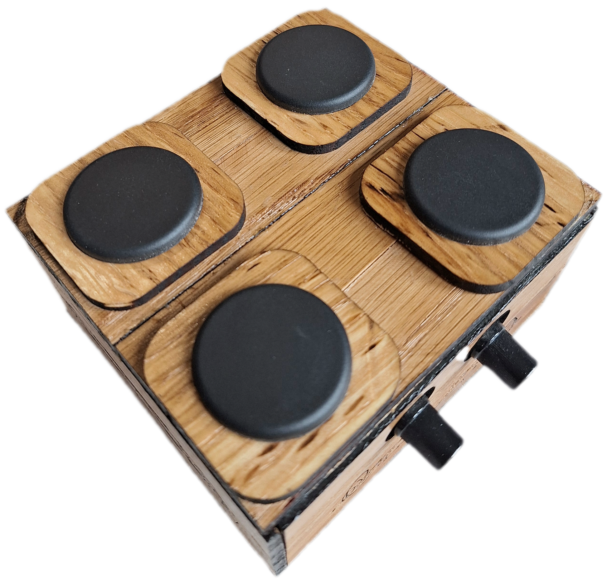 handmade oak 2 channel audio mixer, bottom view