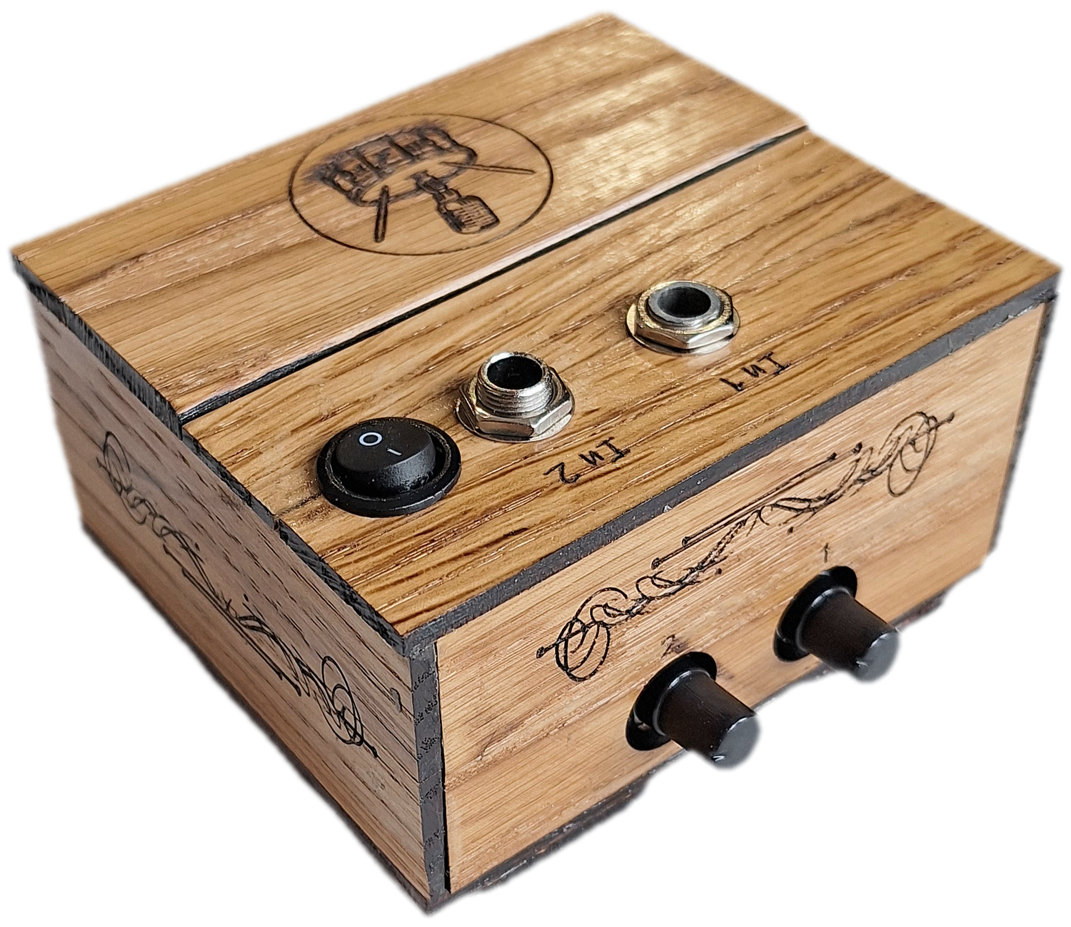 handmade oak 2 channel audio mixer, front oblique view