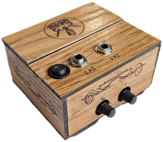 handmade oak 2 channel audio mixer, front oblique view