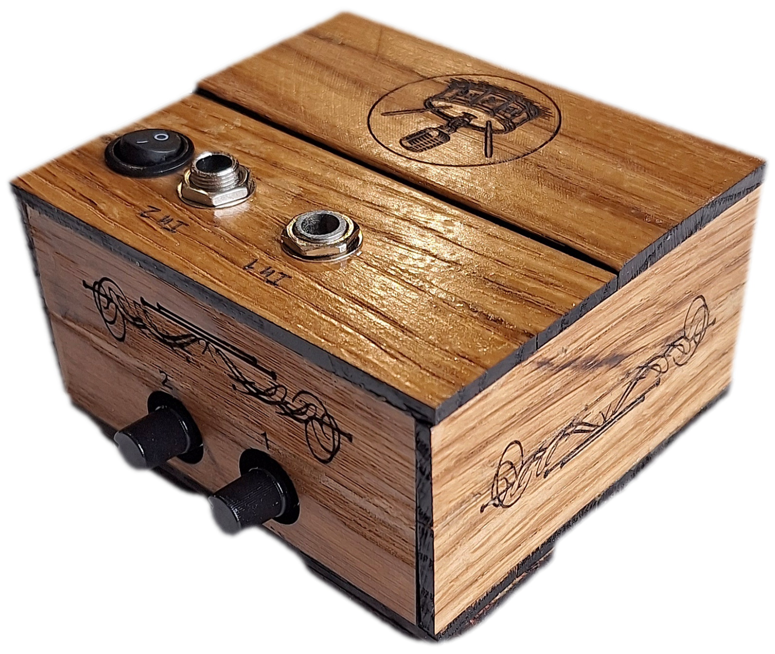 handmade oak 2 channel audio mixer, front oblique view 2