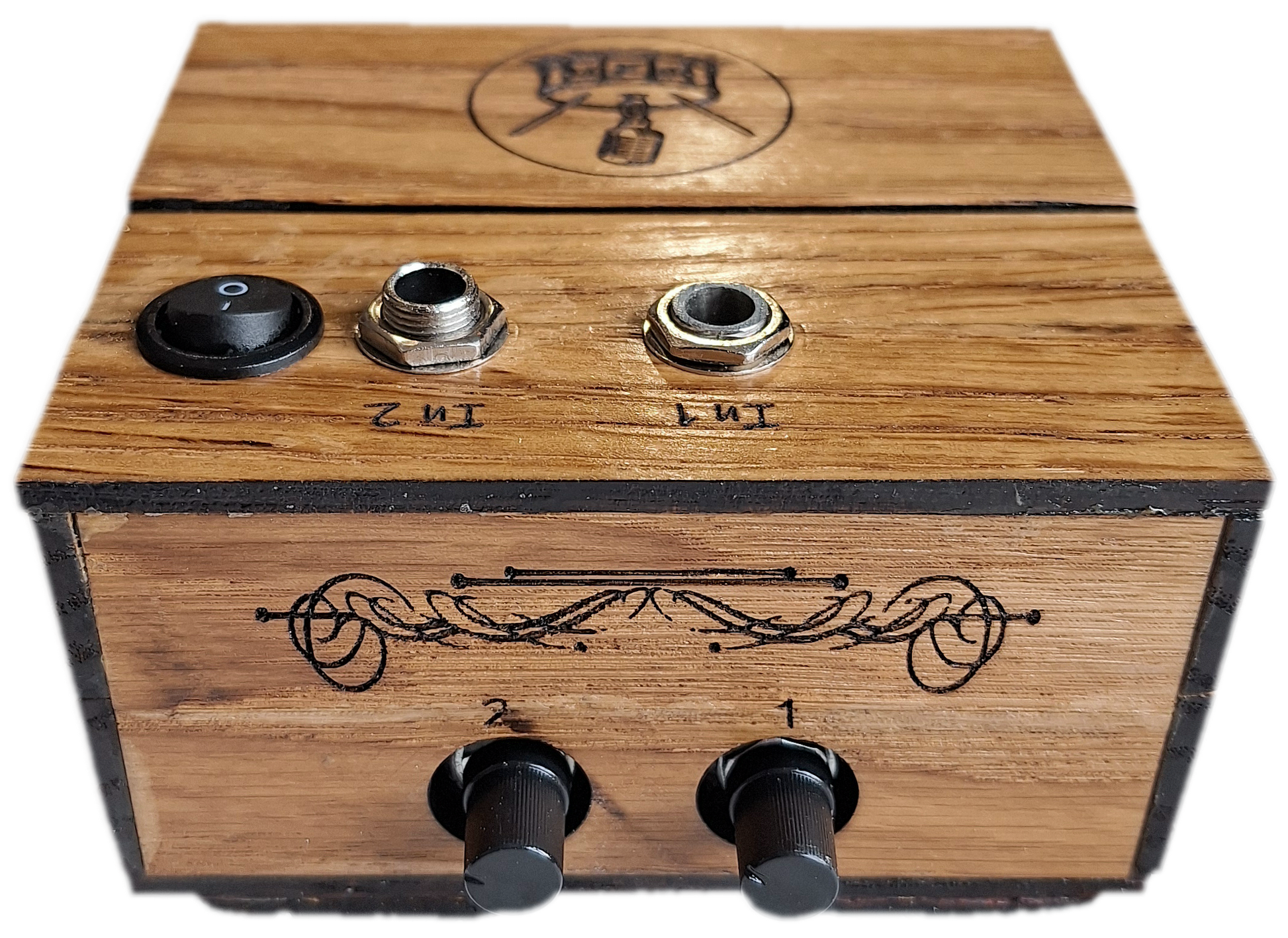handmade oak 2 channel audio mixer, front view