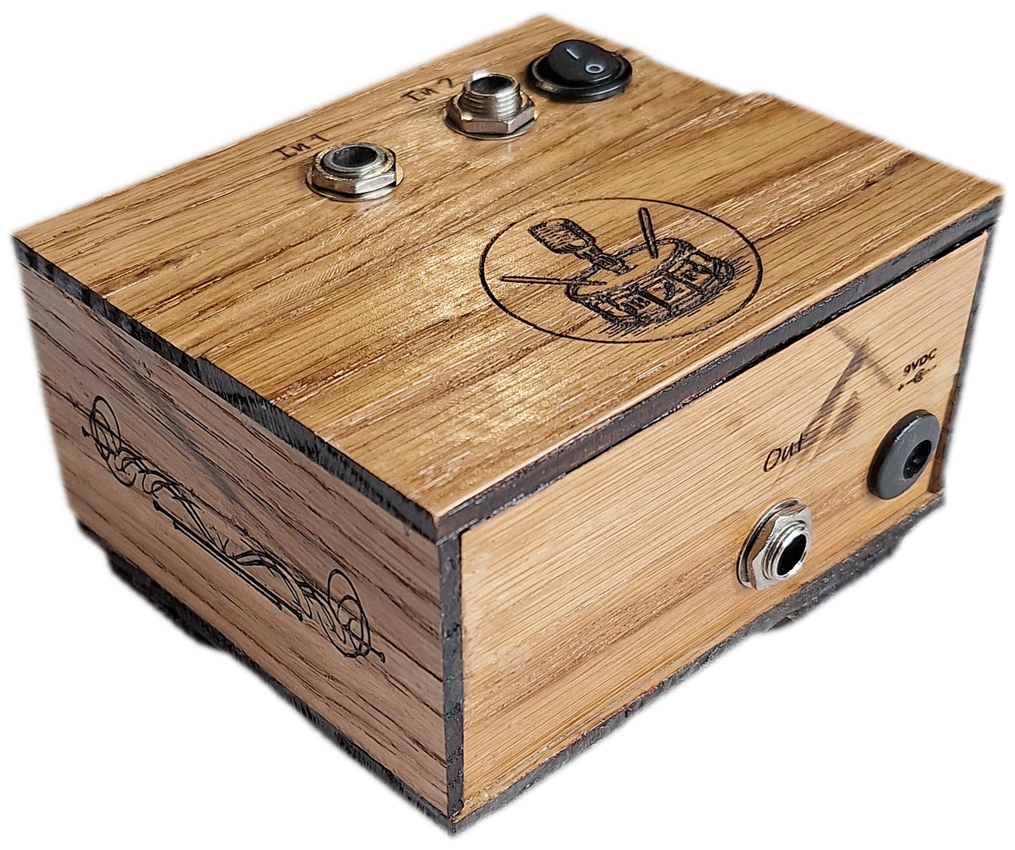 handmade oak 2 channel audio mixer, rear oblique view 2