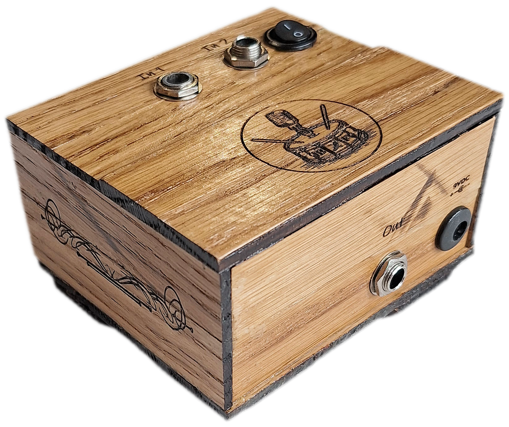 handmade oak 2 channel audio mixer, rear oblique view 2