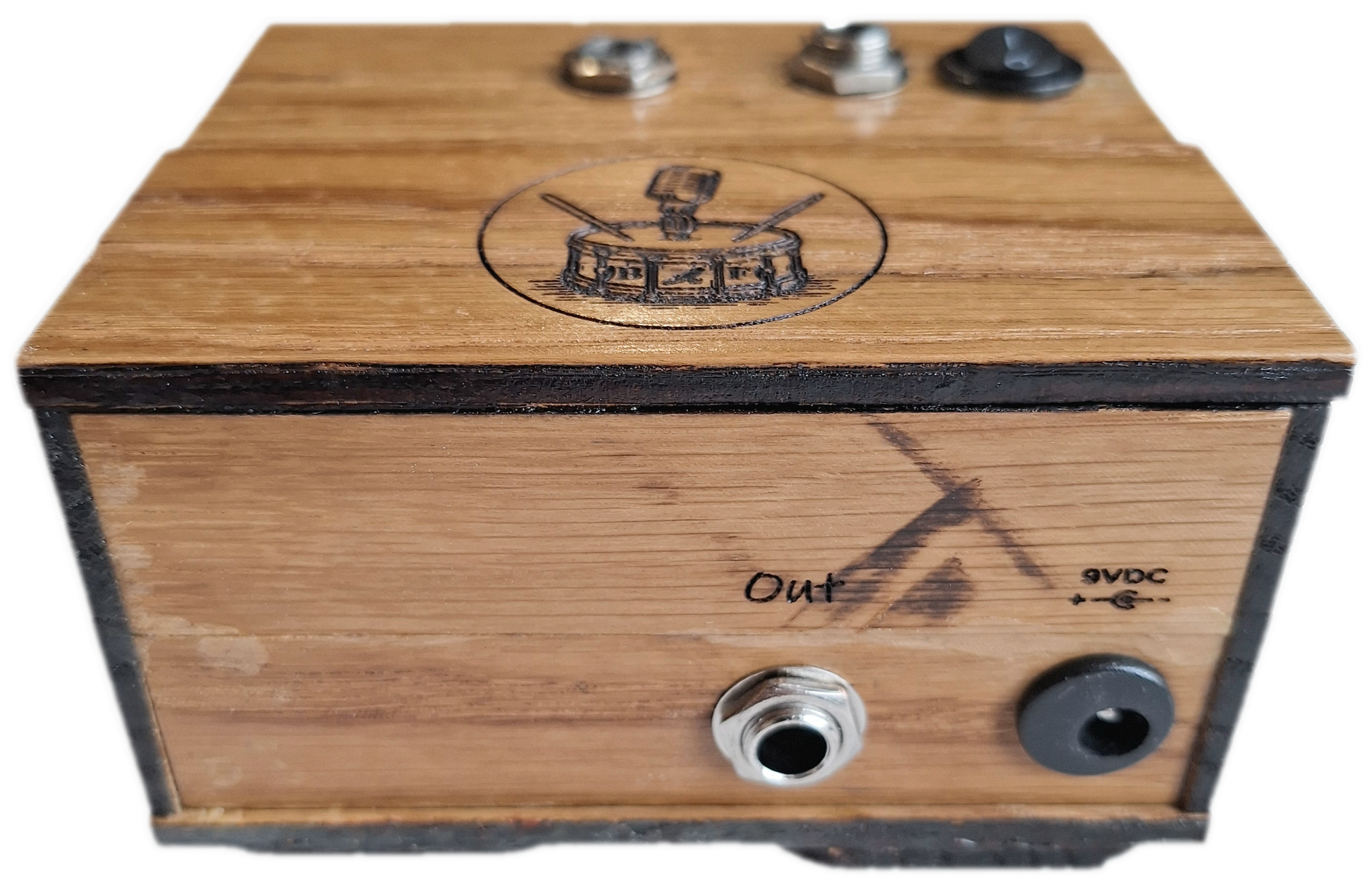 handmade oak 2 channel audio mixer, rear view