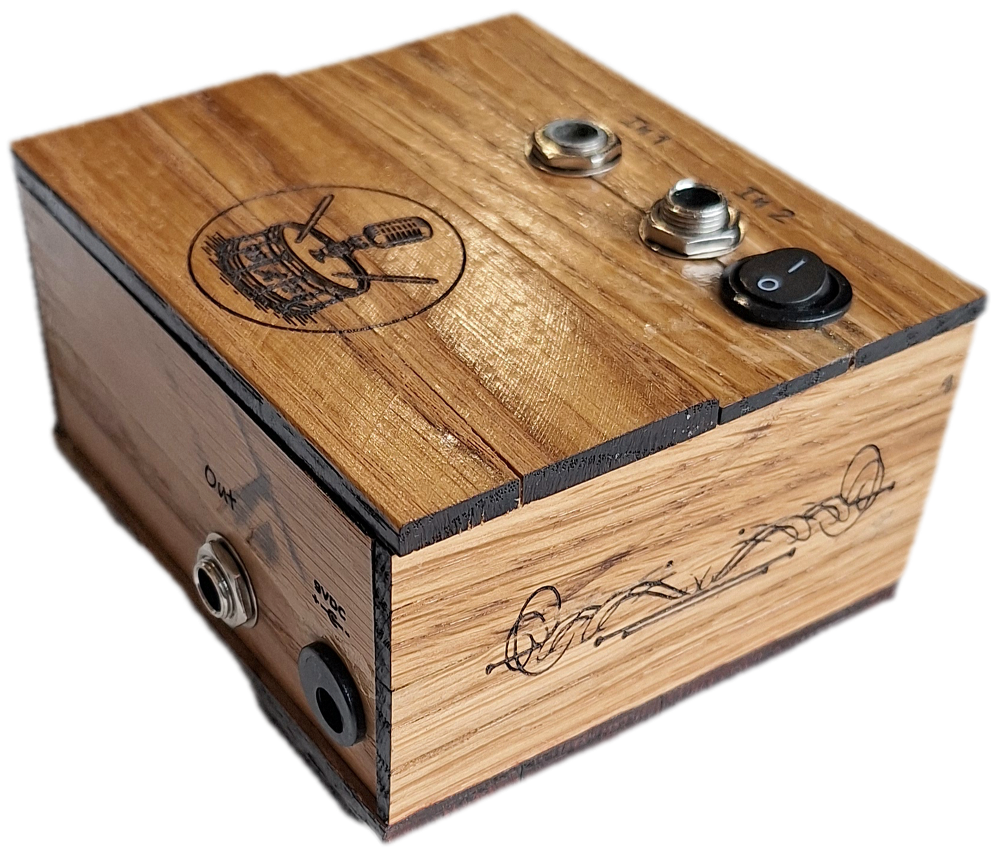 handmade oak 2 channel audio mixer, right side oblique view