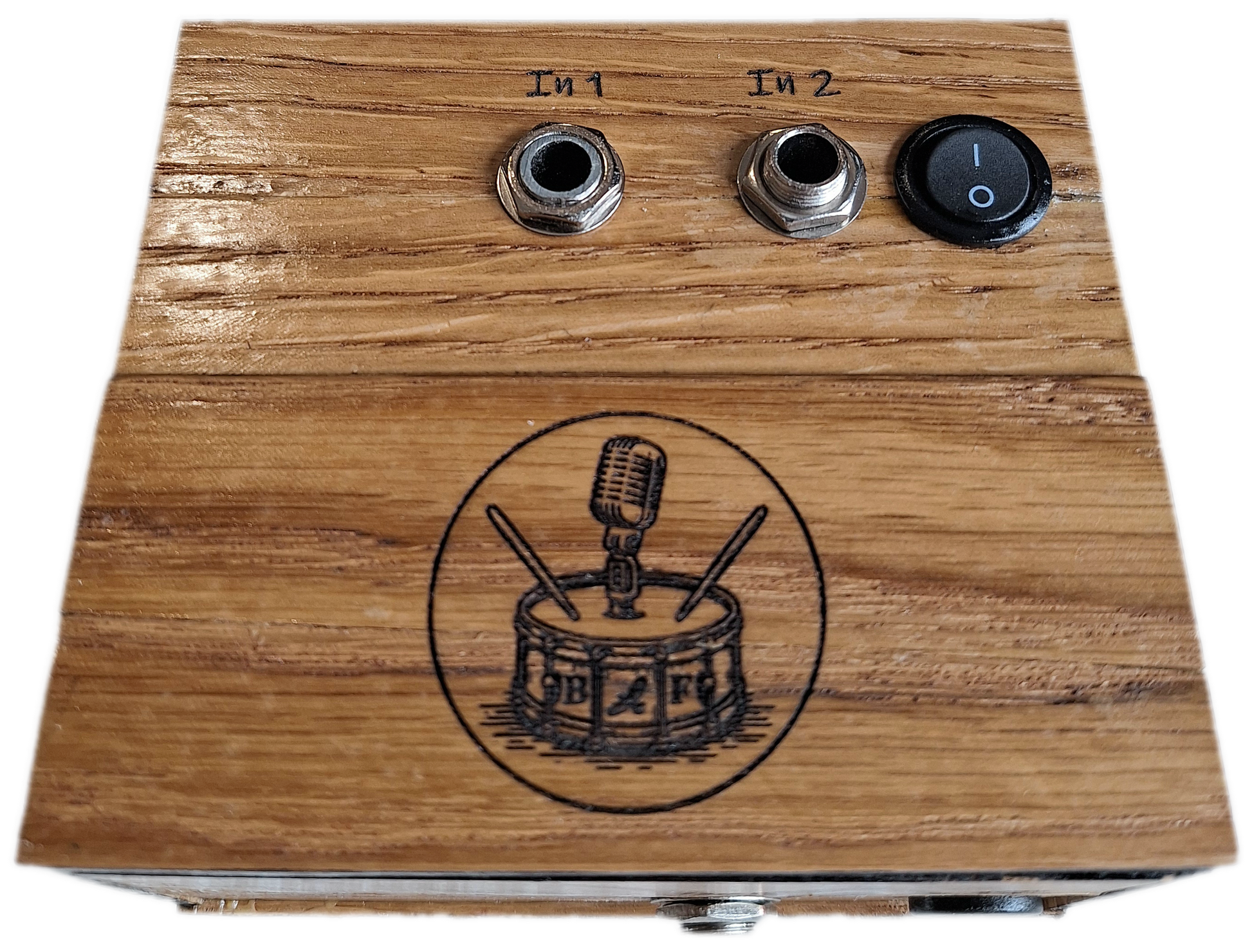 handmade oak 2 channel audio mixer, top view