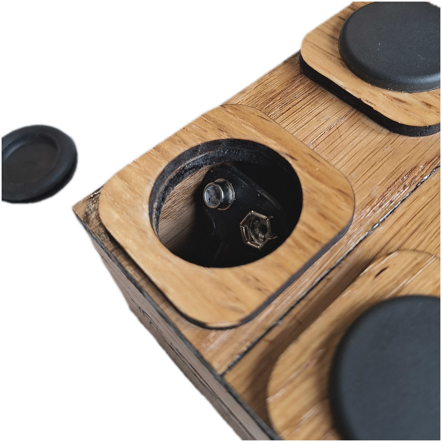 handmade oak 2 channel audio mixer, underside and battery cover view