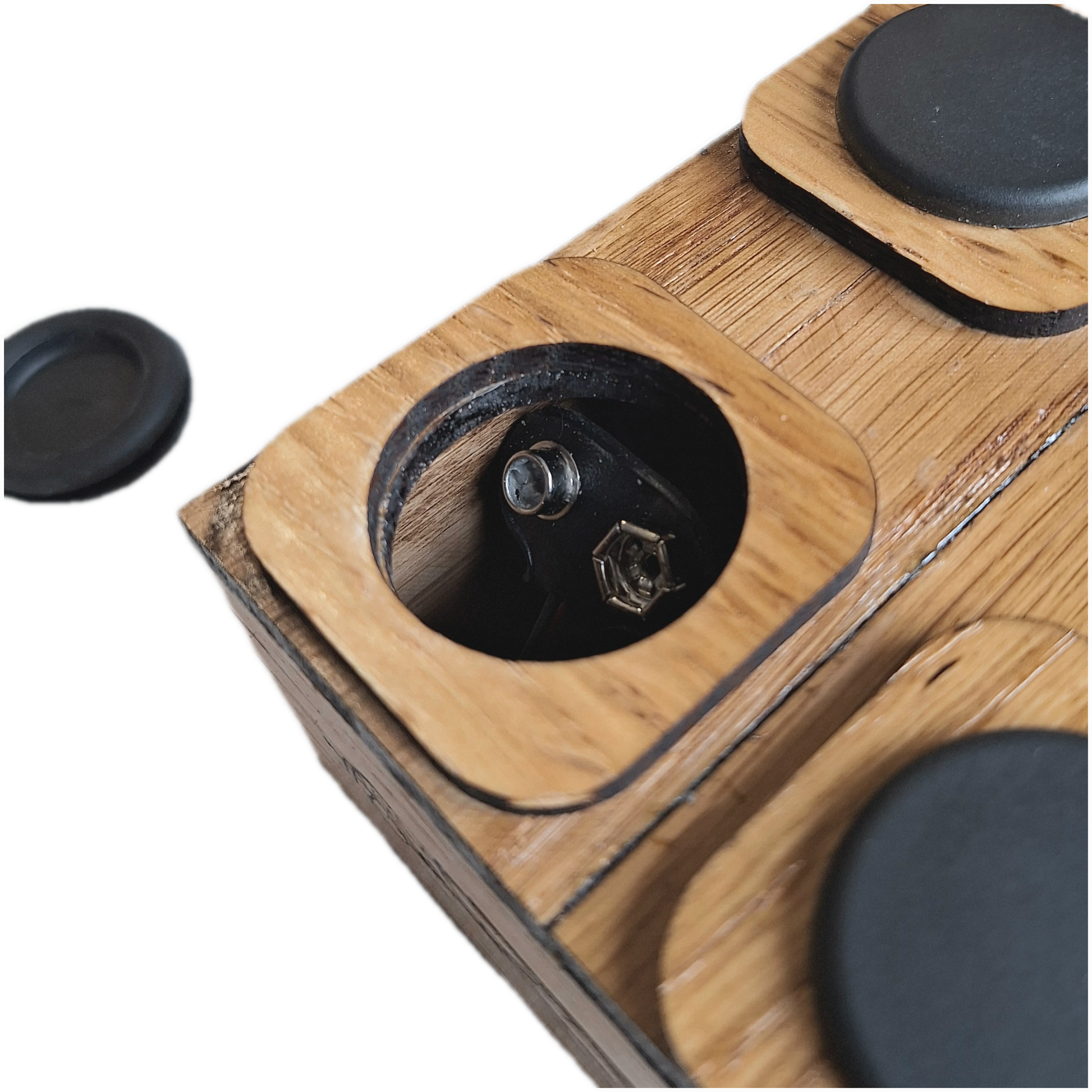 handmade oak 2 channel audio mixer, underside and battery cover view