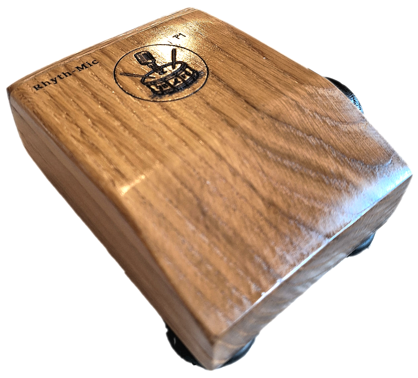 Rhyth-mic P1 play-through stompbox in solid oak wood showing laser etched branding of a microphone on a drum plus an on off switch. photographed from the front