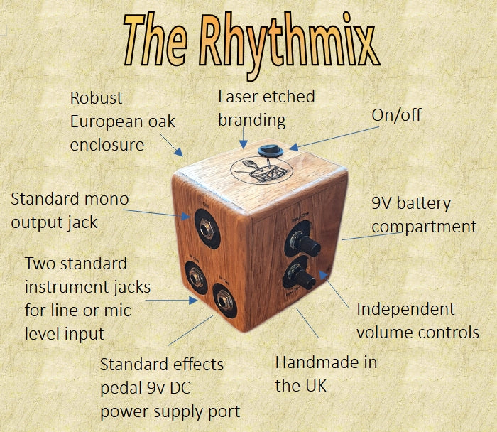 Rhythmix active audio signal mixer preamp for guitar vs stompbox, cajon, drum, microphone, effects. Handmade oak.