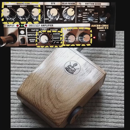 Sound demonstration of a rhyth0mic p1 play through stompbox. Image shows a stompbox plugged into a roland microcube amp, with an inset picture showing different settings being used.
