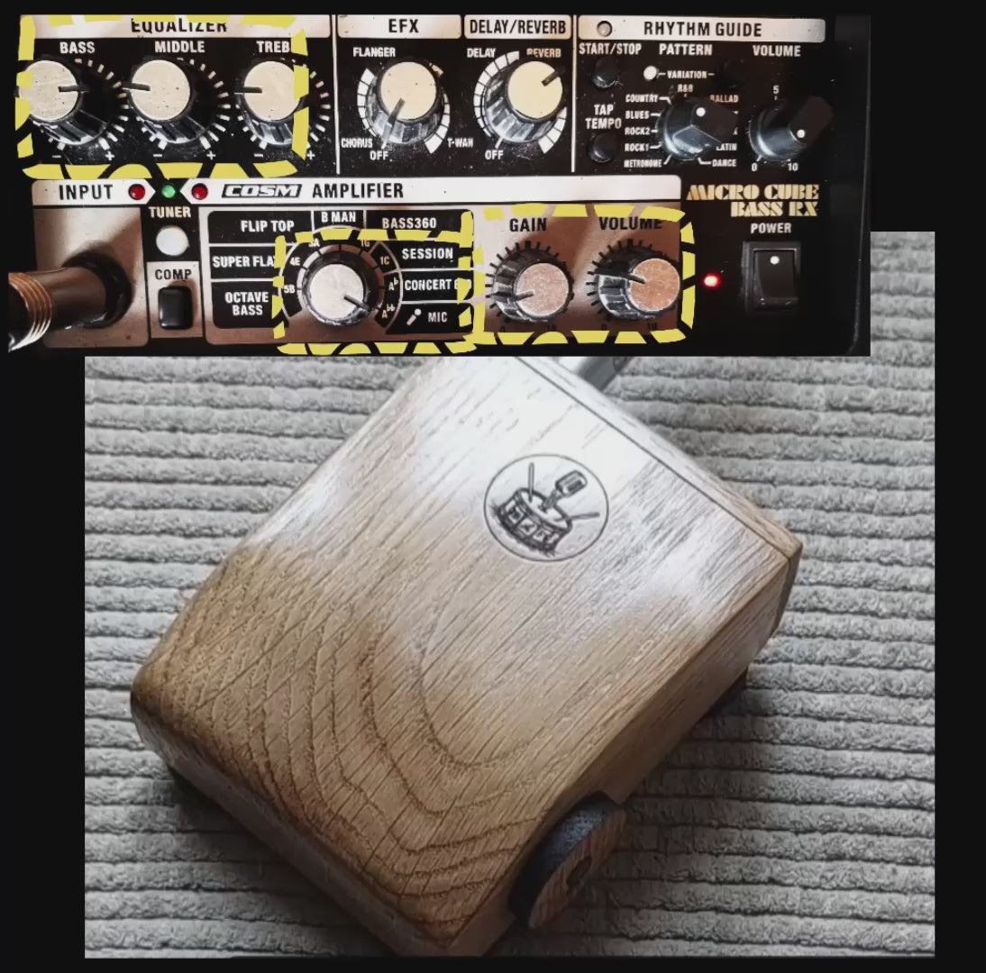 Sound demonstration of a rhyth0mic p1 play through stompbox. Image shows a stompbox plugged into a roland microcube amp, with an inset picture showing different settings being used.