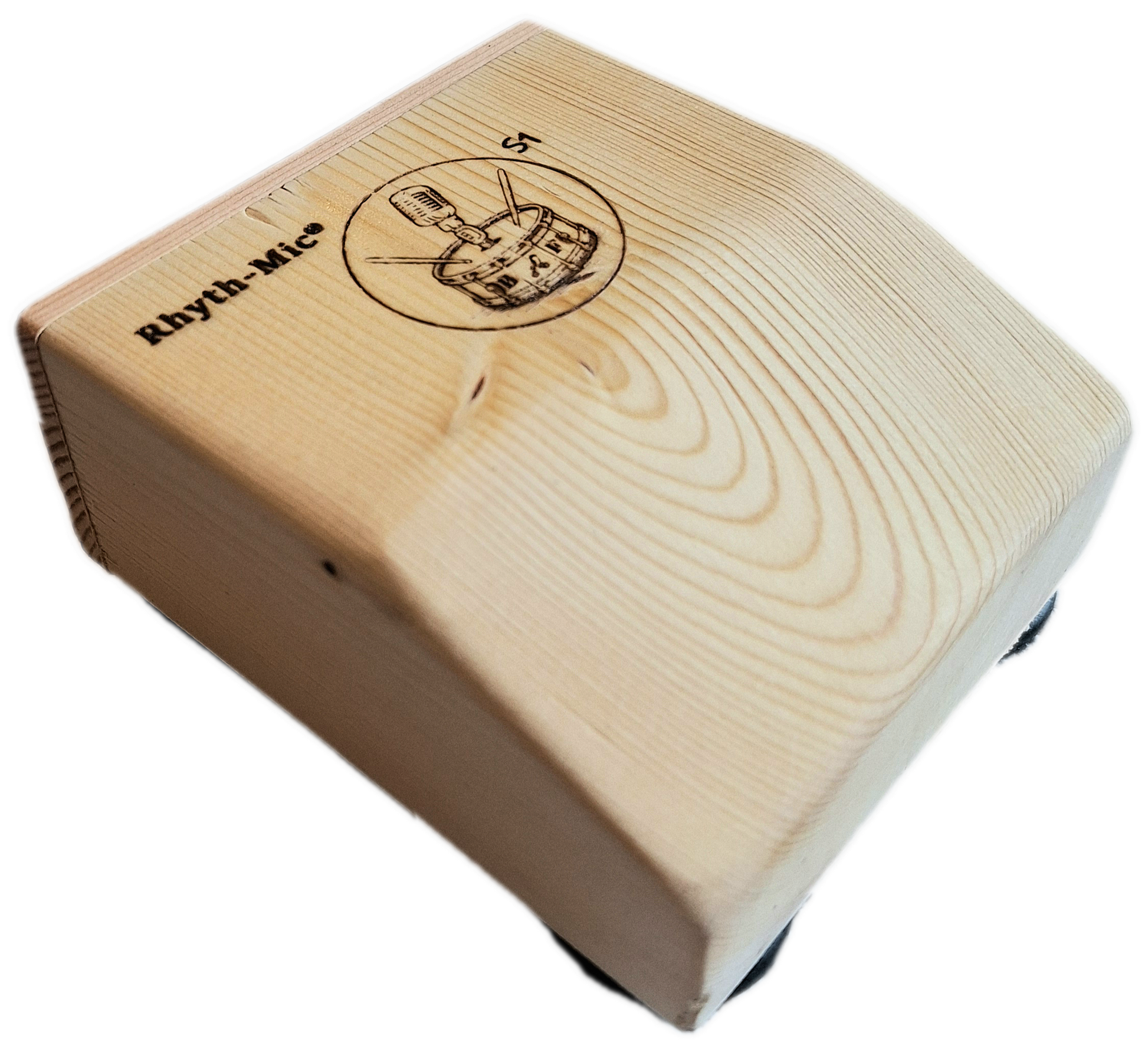 Photo of a rhyth-mic S1 snap stomp box displaying laser etched Rhyth-Mic branding of a drum beneath a microphone