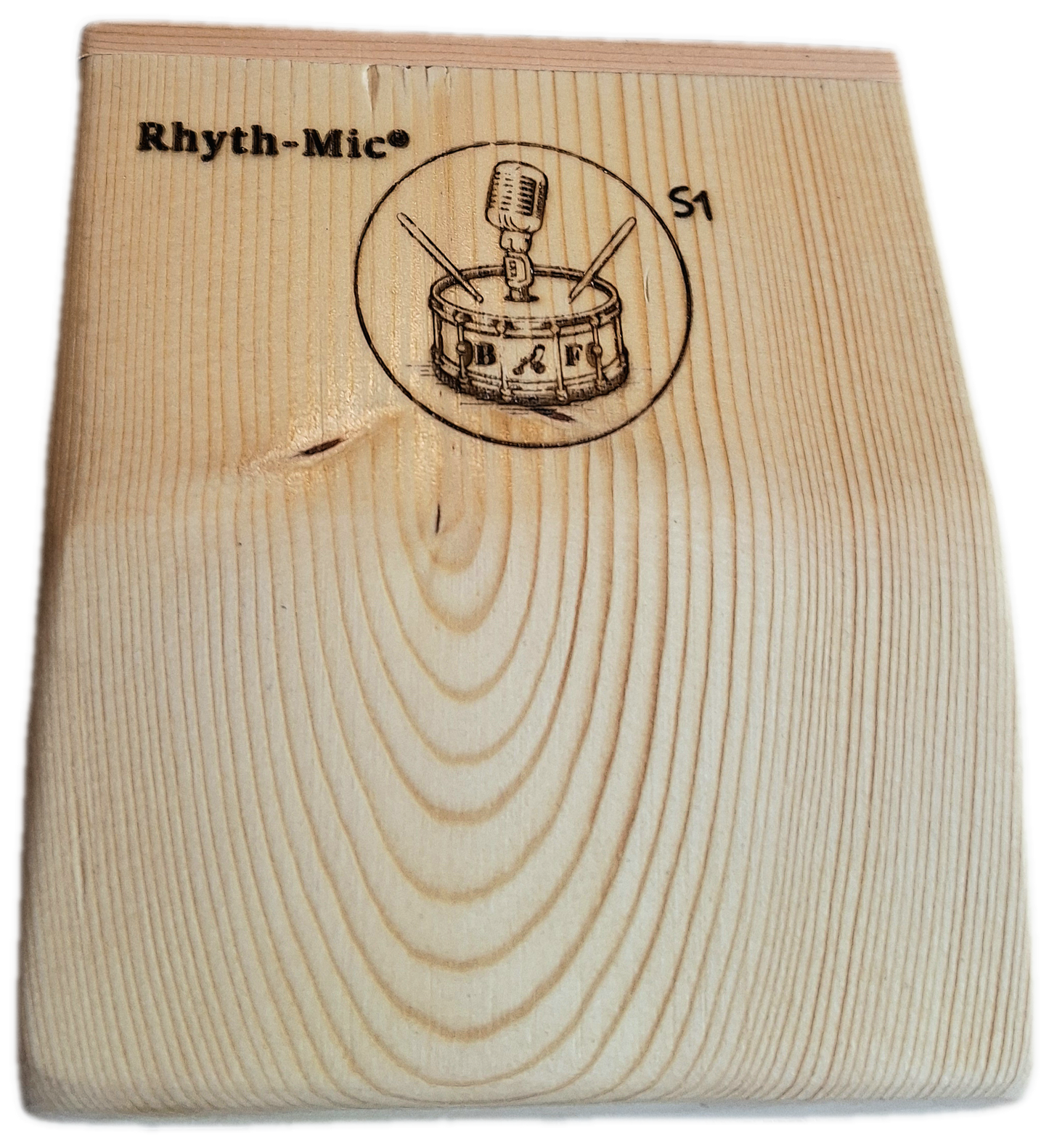 Head- on photo of a rhyth-mic S1 snap stomp box displaying laser etched Rhyth-Mic branding of a drum beneath a microphone and a single 6.3mm  1/4 inch jack