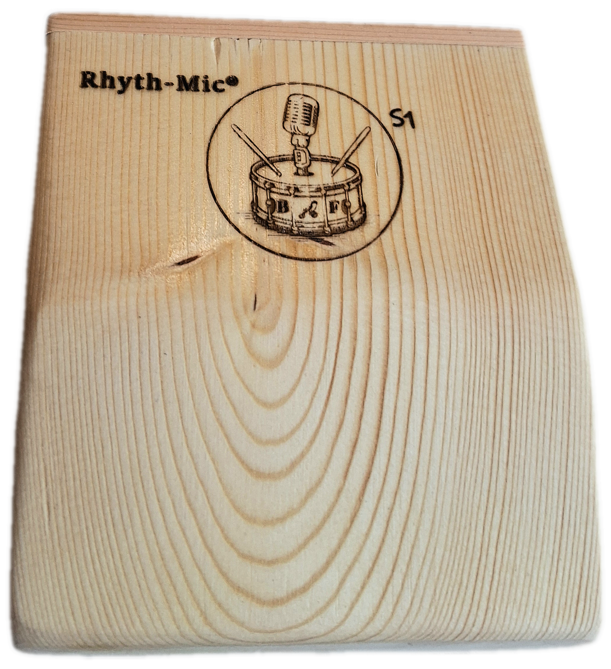 Head- on photo of a rhyth-mic S1 snap stomp box displaying laser etched Rhyth-Mic branding of a drum beneath a microphone and a single 6.3mm  1/4 inch jack