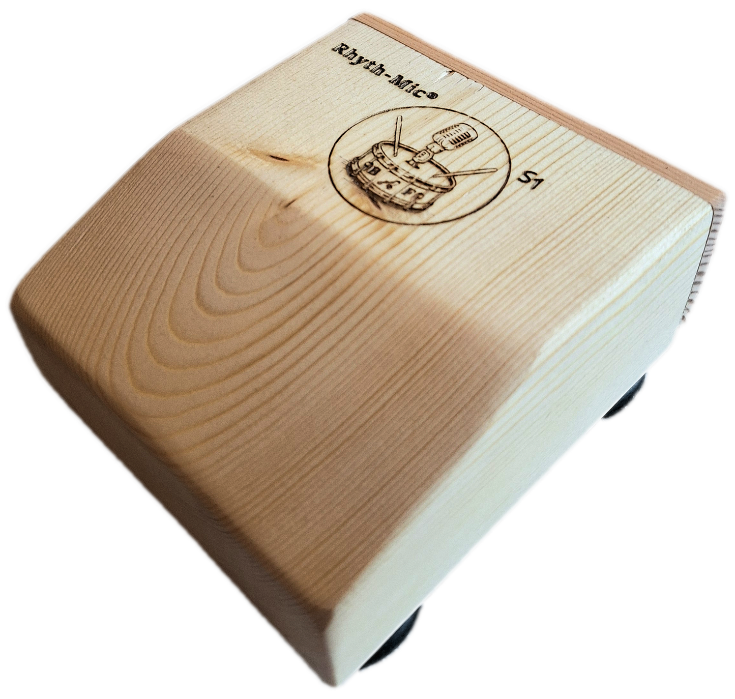 Photo of a rhyth-mic S1 snap stomp box displaying laser etched Rhyth-Mic branding of a drum beneath a microphone 