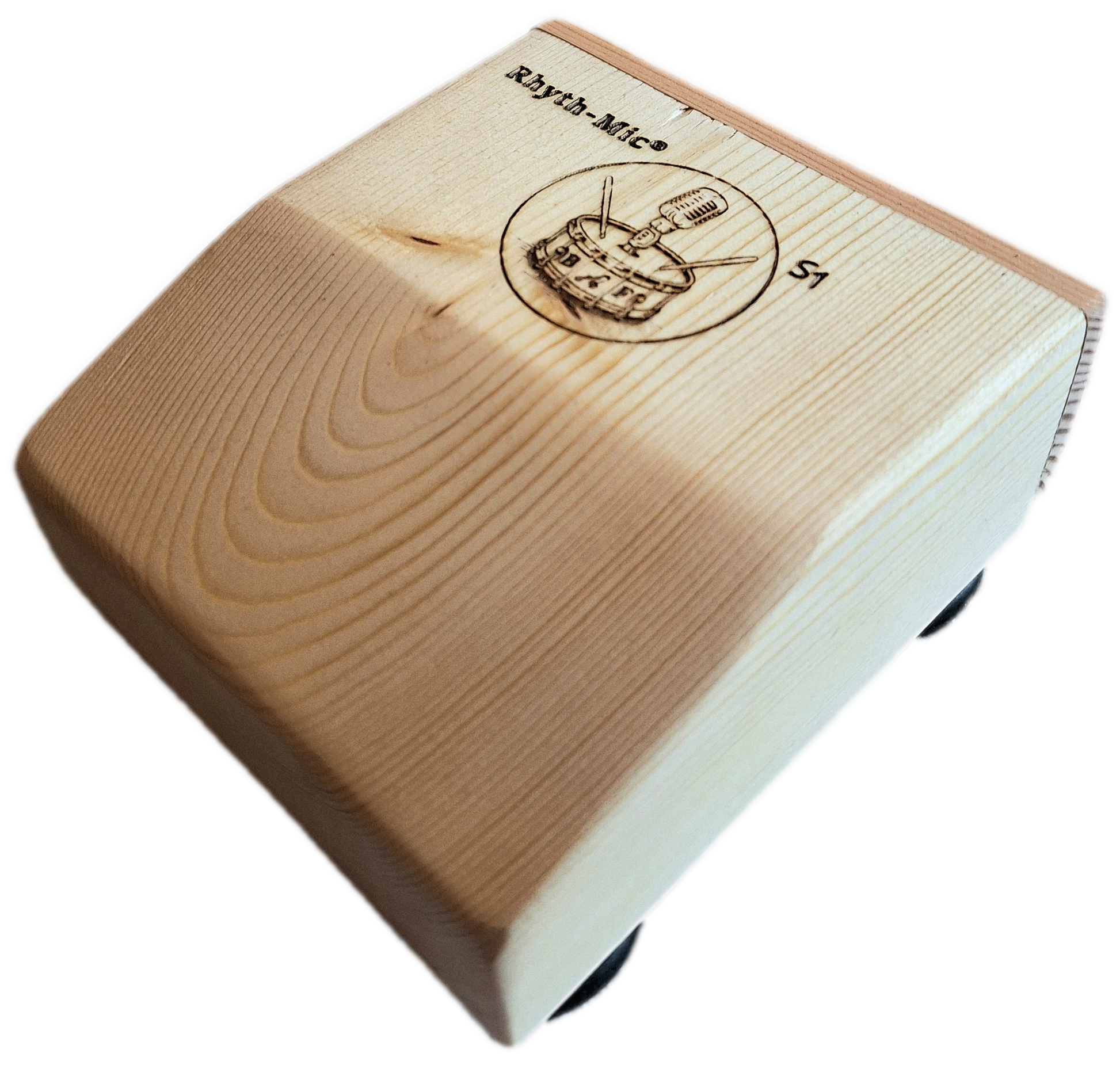 Photo of a rhyth-mic S1 snap stomp box displaying laser etched Rhyth-Mic branding of a drum beneath a microphone 