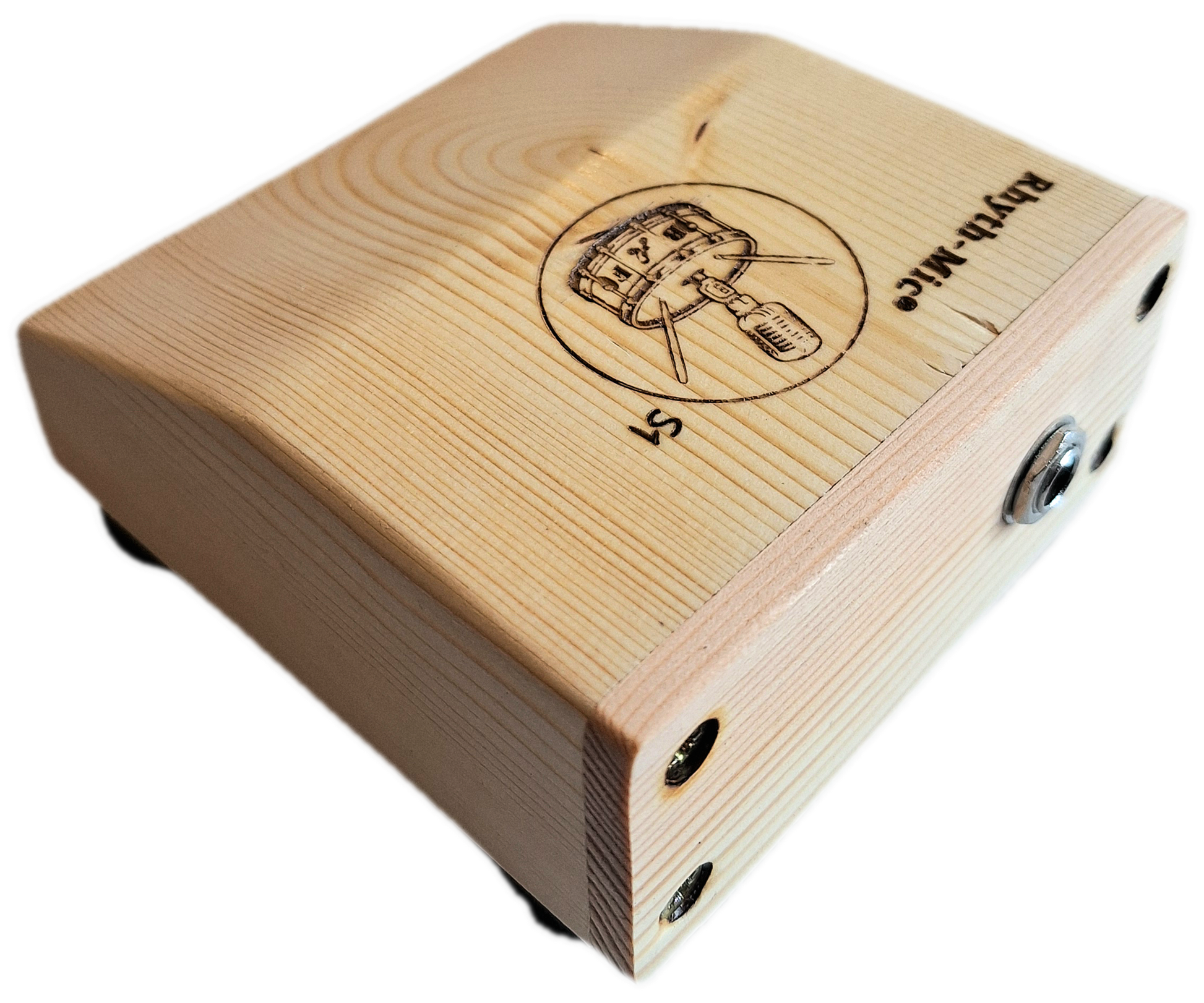 Photo of a rhyth-mic S1 snap stomp box displaying laser etched Rhyth-Mic branding of a drum beneath a microphone and a single 6.3mm  1/4 inch jack