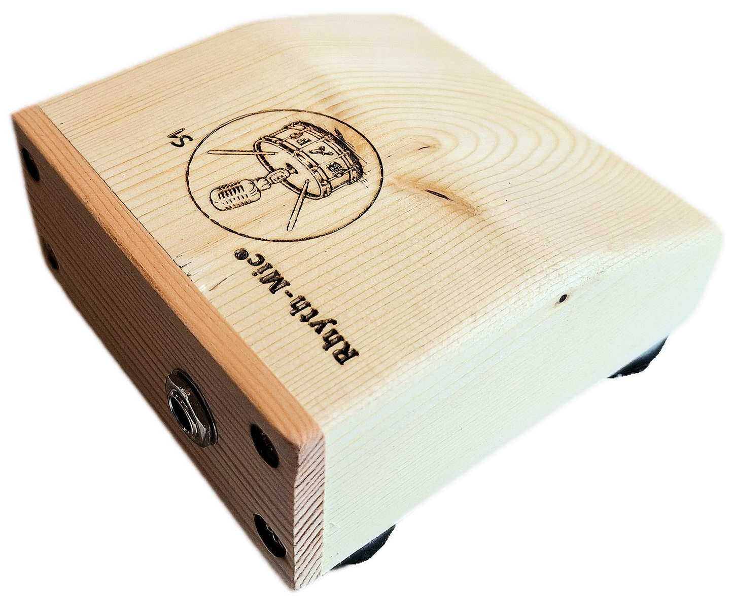 Photo of a rhyth-mic S1 snap stomp box displaying laser etched Rhyth-Mic branding of a drum beneath a microphone, chunky rubber feet and a single 6.3mm  1/4 inch jack