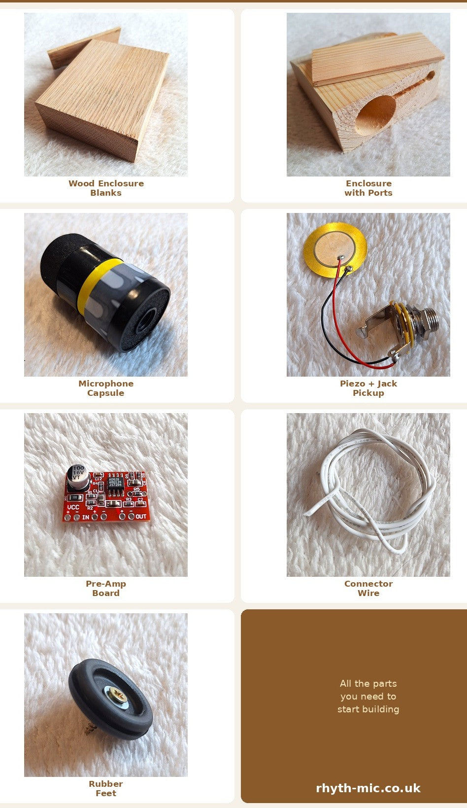 collage showing stomp box parts available to buy  from Rhyth-Mic (enclosures, microphone caps, piezo, PCB board, wire, feet).